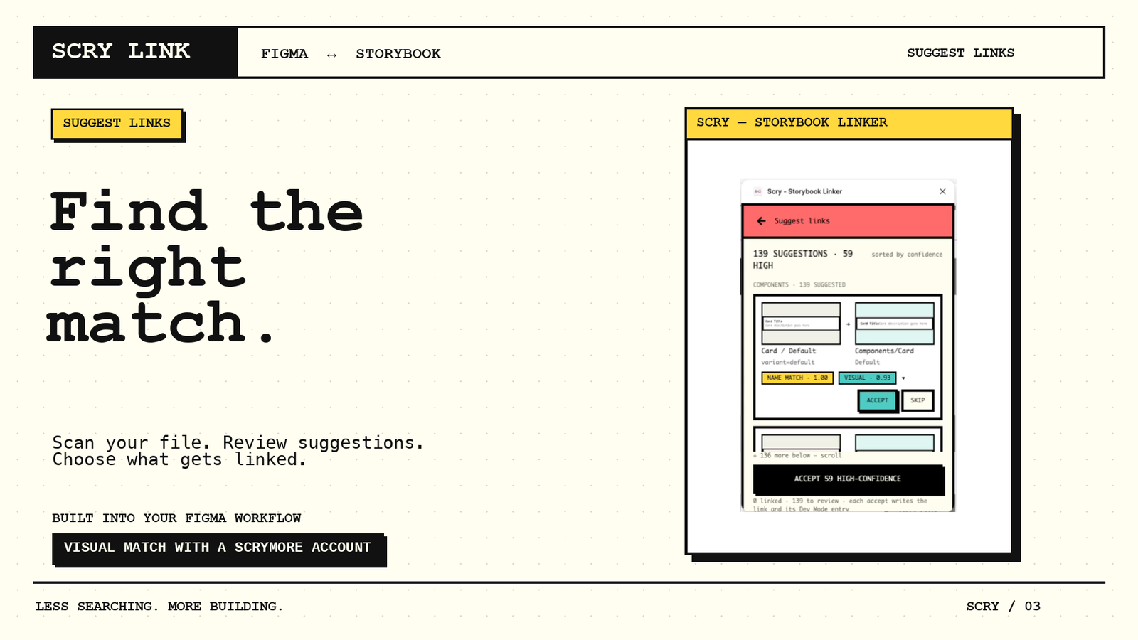 Suggest links: a review list of proposed pairs, each with a name-match and a visual-match score, Accept and Skip on every row, and one button to accept all high-confidence pairs.